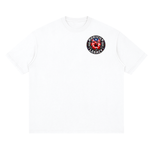 Flor de maga, Puerto Rico's national flower, on a Lucent White oversized drop-shoulder t-shirt, front view.