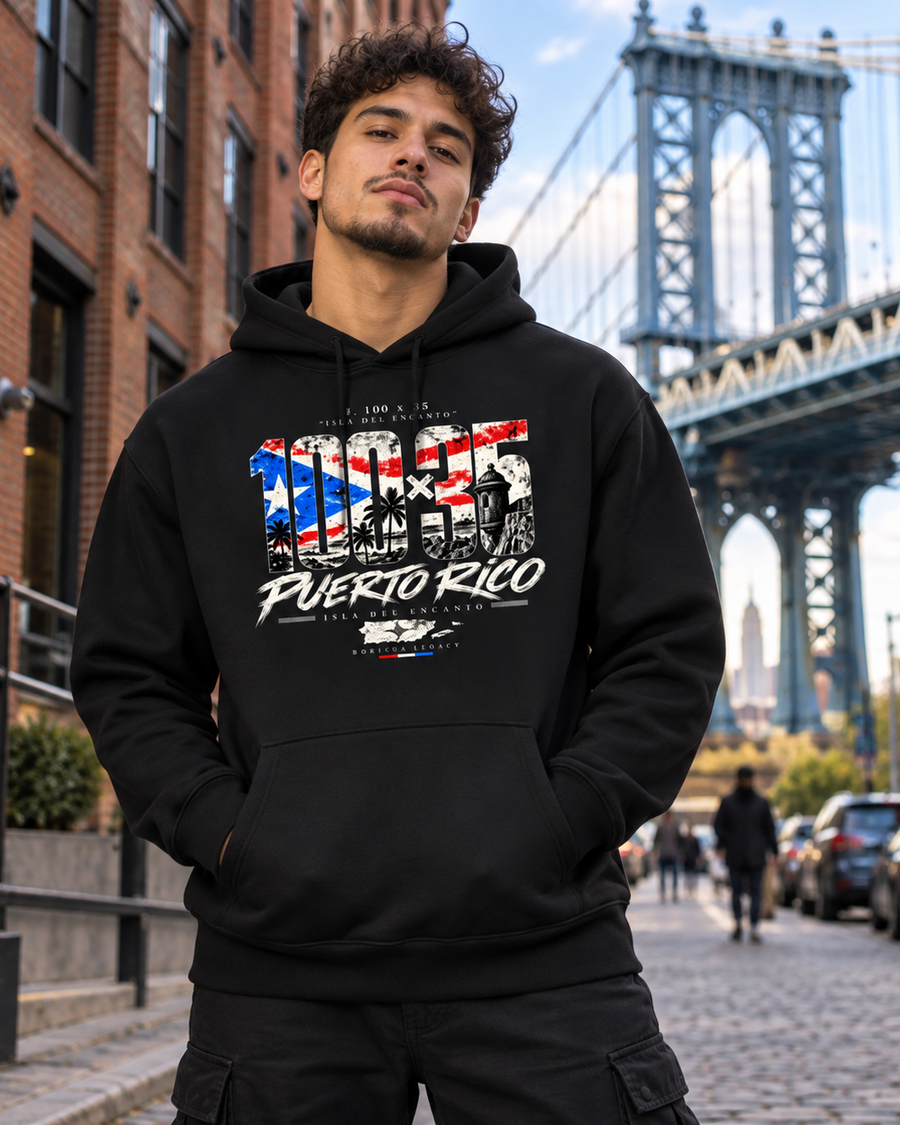 Isla del Encanto Hoodie – model wearing Boricua Legacy Puerto Rican streetwear