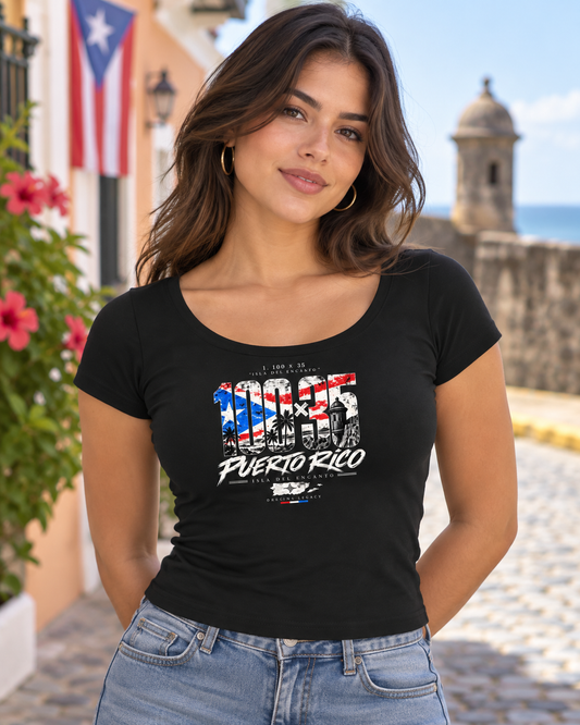 Woman wearing the Isla del Encanto off-shoulder tee in black