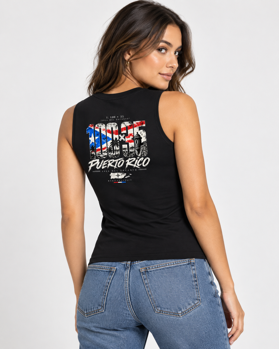 Woman wearing the Isla del Encanto crewneck tank in black, back view
