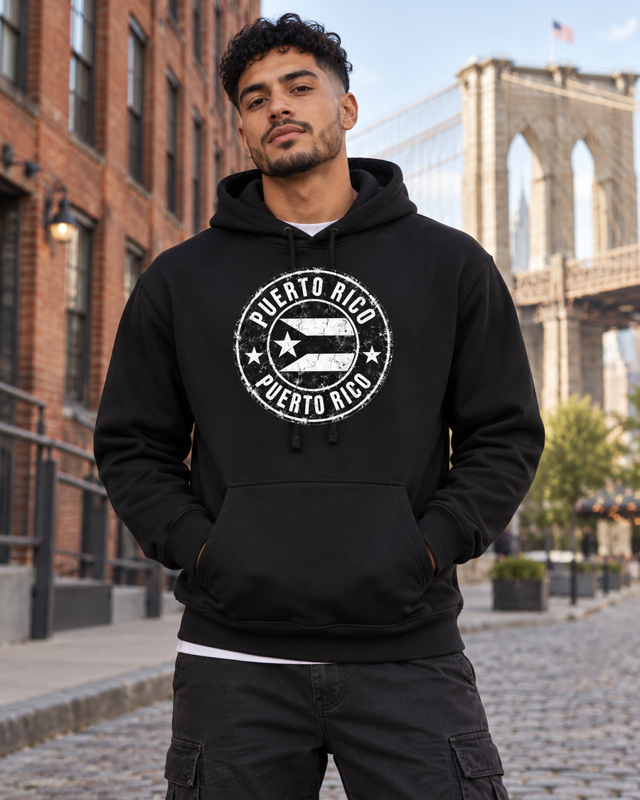 Puerto Rico Seal Hoodie – model wearing Boricua Legacy Puerto Rican streetwear