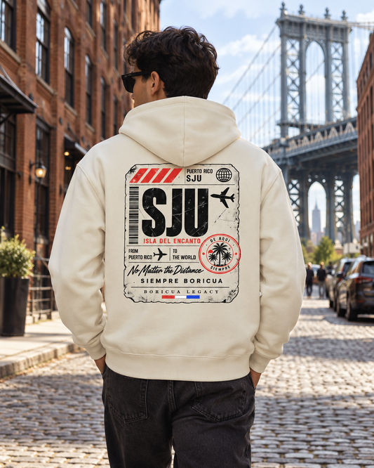 SJU Hoodie (Bone) – model wearing Boricua Legacy Puerto Rican streetwear