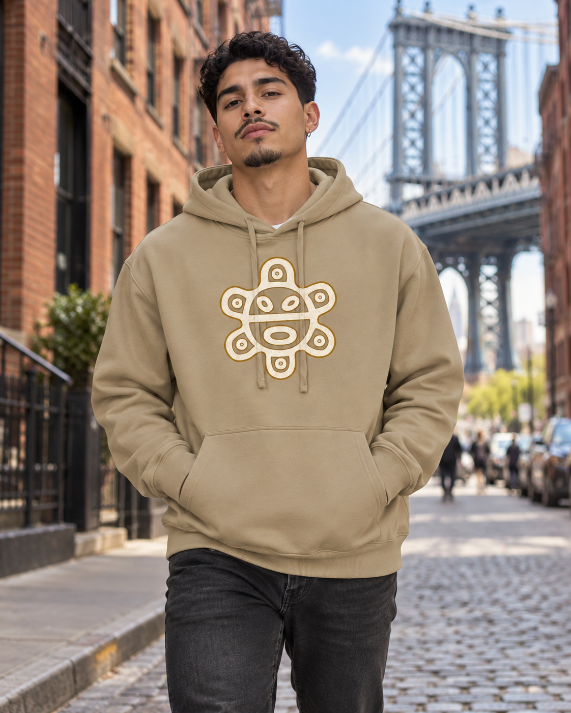 Sol Taíno Hoodie – model wearing Boricua Legacy Puerto Rican streetwear