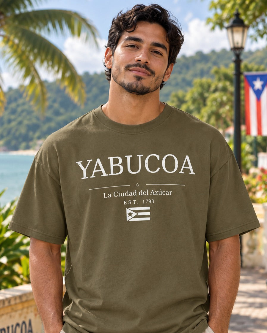 Yabucoa Puerto Rico Tee – model wearing Boricua Legacy Puerto Rican streetwear