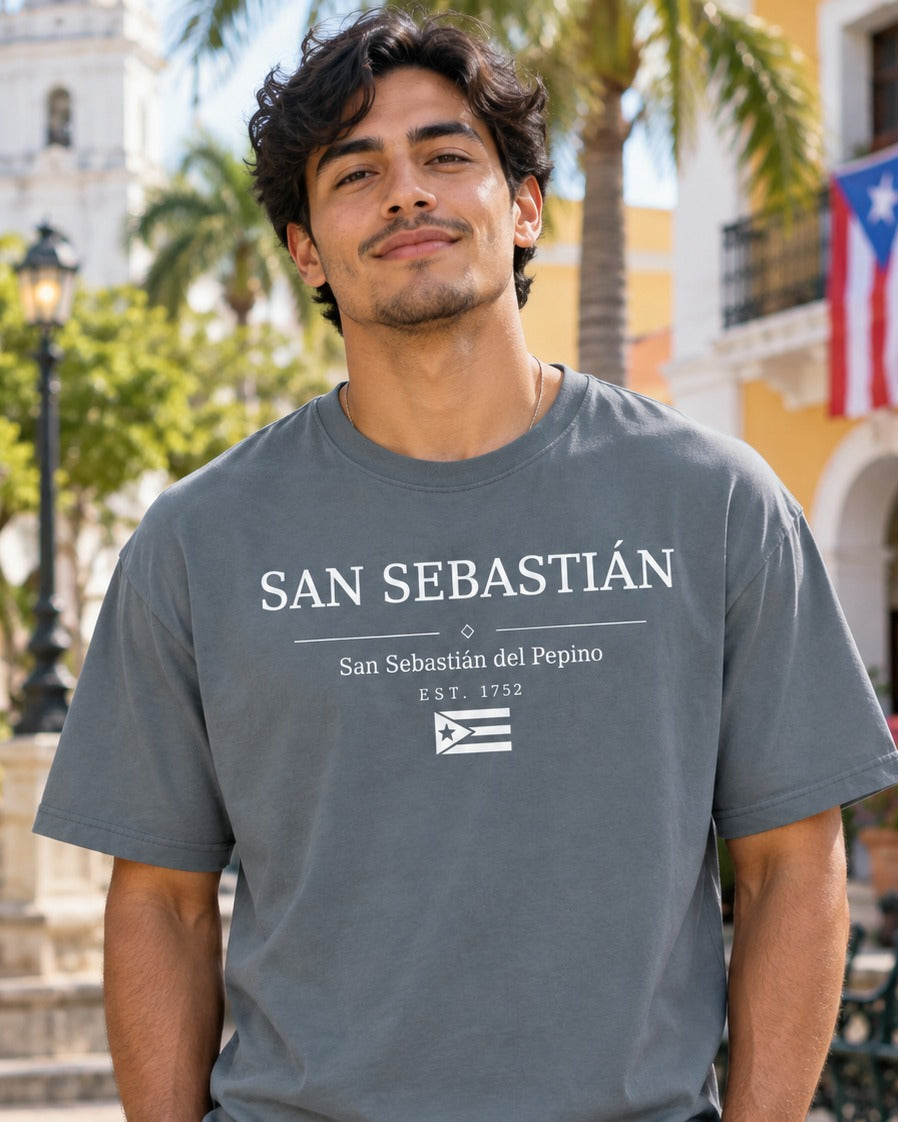 San Sebastián Puerto Rico Tee – model wearing Boricua Legacy Puerto Rican streetwear