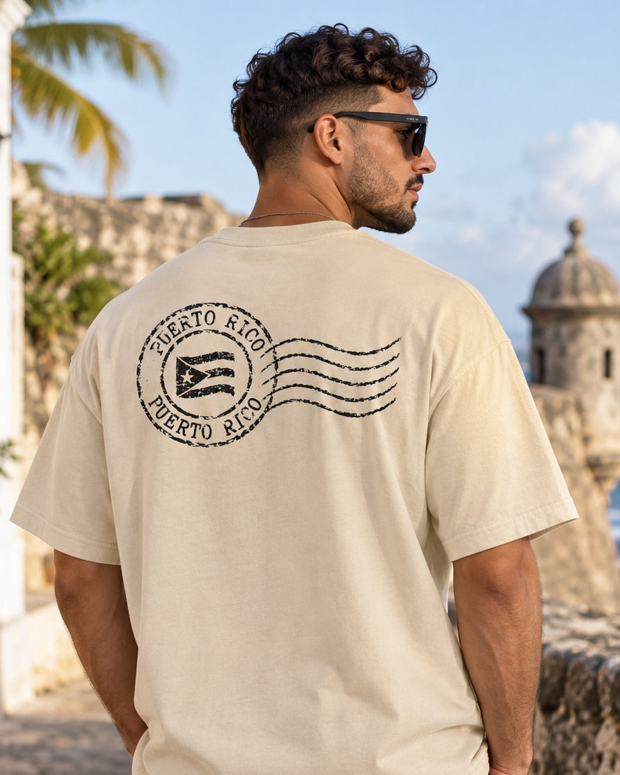 Stamped Flag Tee – model wearing Boricua Legacy Puerto Rican streetwear