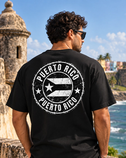 Weathered Flag Tee – model wearing Boricua Legacy Puerto Rican streetwear