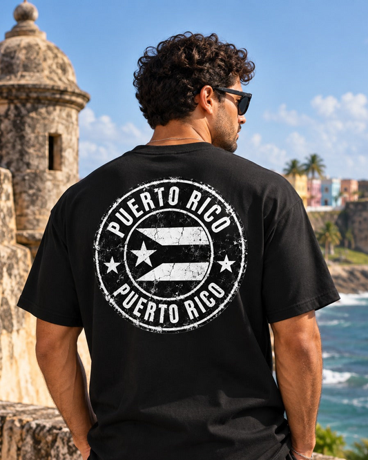 Weathered Flag Tee – model wearing Boricua Legacy Puerto Rican streetwear