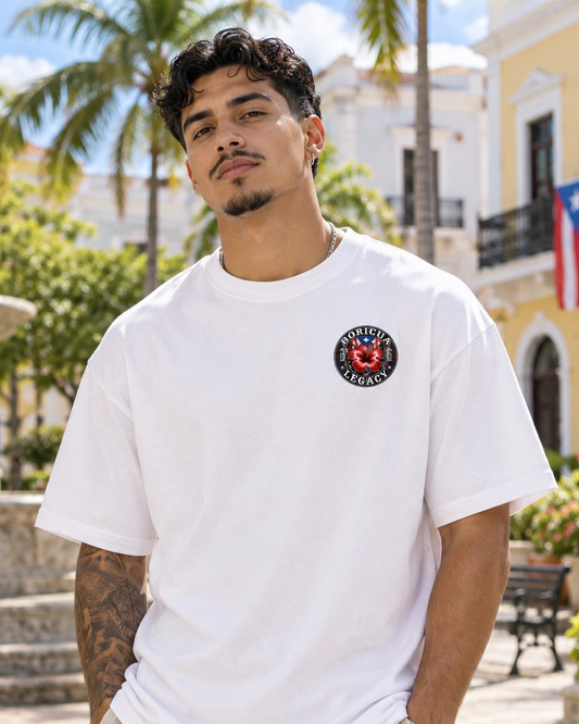 Flor de Maga Tee (White) – model wearing Boricua Legacy Puerto Rican streetwear