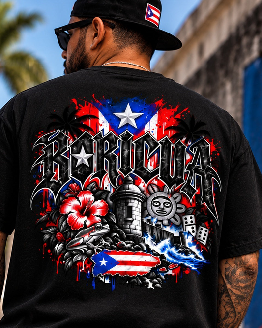 Flor de Maga Tee (Black) – model wearing Boricua Legacy Puerto Rican streetwear
